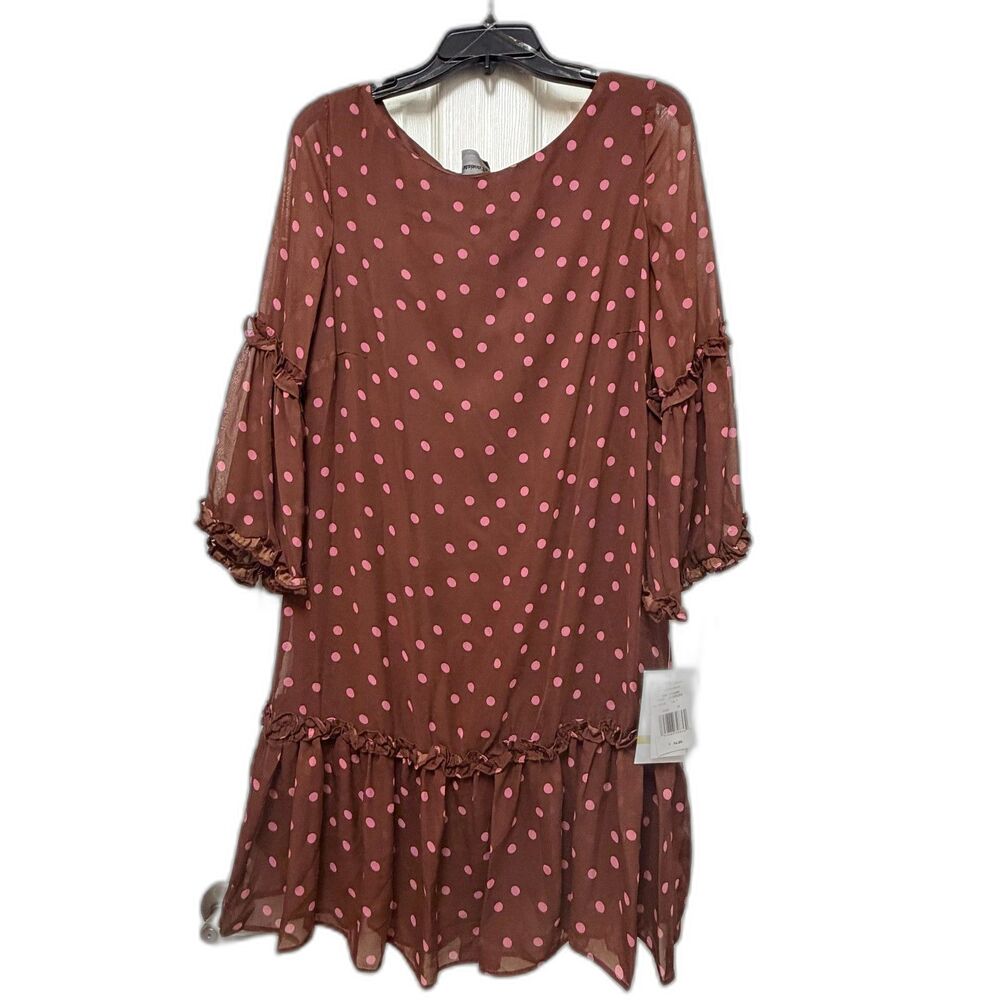 New Maison Tara Boho Fit Flare Chiffon Dot Print Dress 3/4 Sleeve Mocha Rose 14